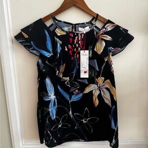 Parker Ruffled Flutter Sleeve Blouse in Blue and Tan